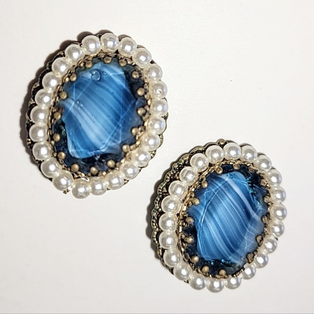 WEST GERMANY BLUE PORPHYRY GLASS CLIP-ON EARRINGS - VINTAGE SIGNED